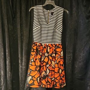 Taylor Black and White Striped Top with Orange Floral Skirt Dress